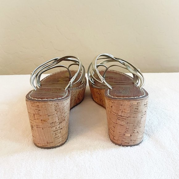 Sam Edelman Sandals 6 Reana Light Gold Strappy Cork Platform Wedge Heel Slides - Picture 9 of 11